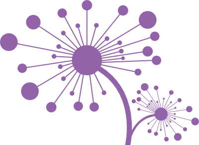 A stylised line drawing of two dandelions