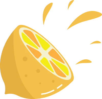 A stylised line drawing of a lemon cut in half with juice spray.