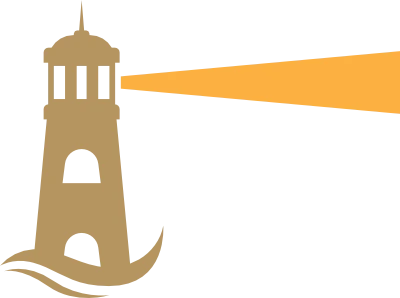 A stylised drawing of a lighthouse with beam pointing right