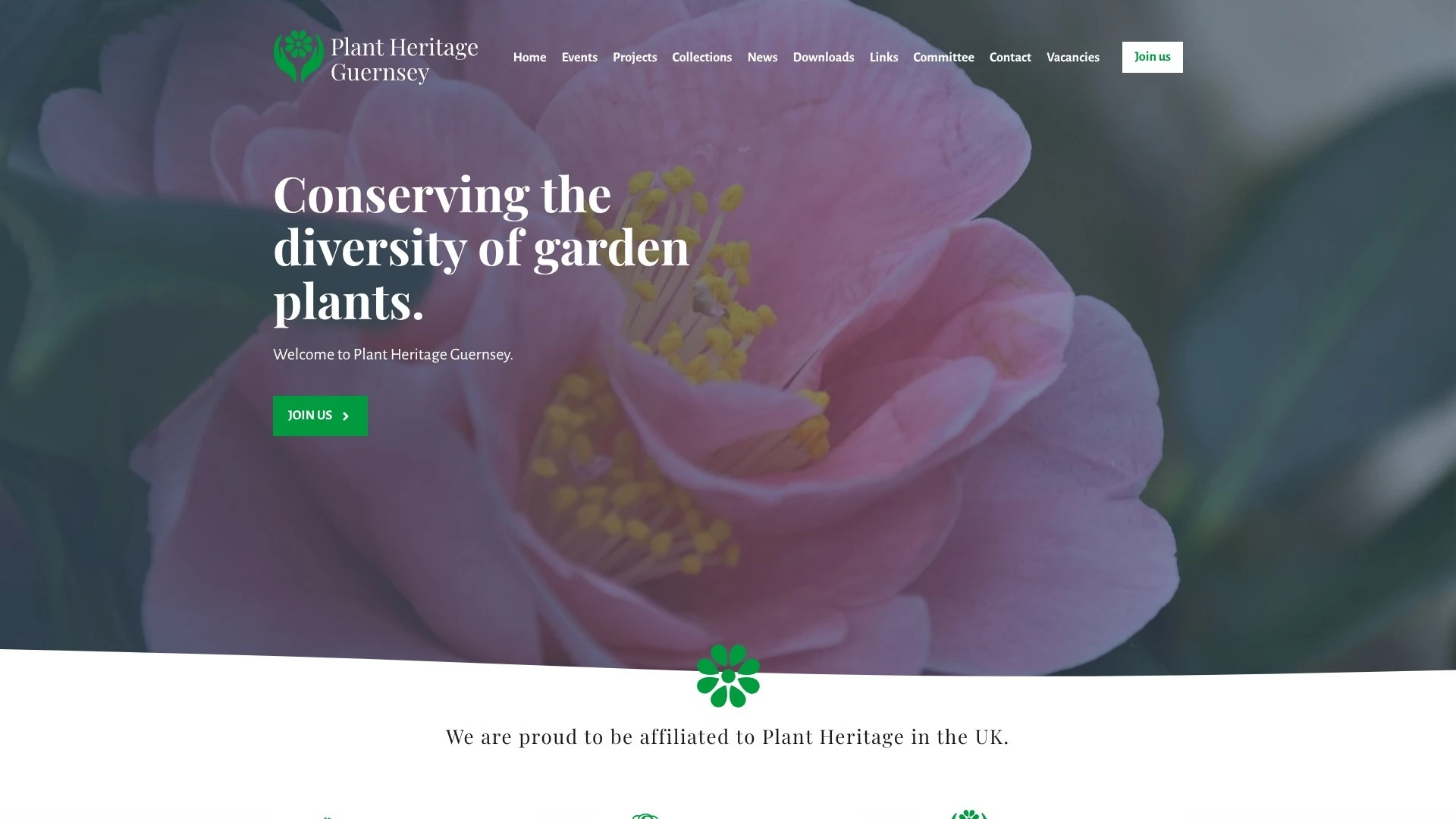 A screenshot of the home page of the Plant Heritage Guernsey website.