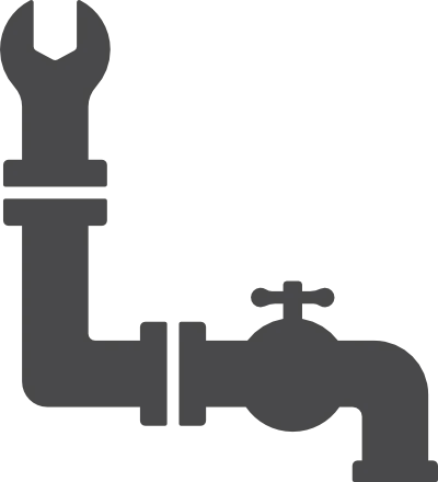 A stylised line drawing of a tap and a spanner