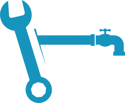 A stylised image of a spanner and a horizontal pipe with tap at far right