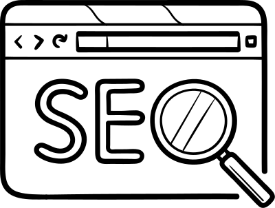 A stylised line drawing of a browser with the word SEO where the 'O' is formed by the lens of a magnifying glass