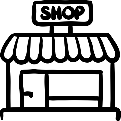 A stylised line drawing of a small shop wiith a 'shop' sign atop it