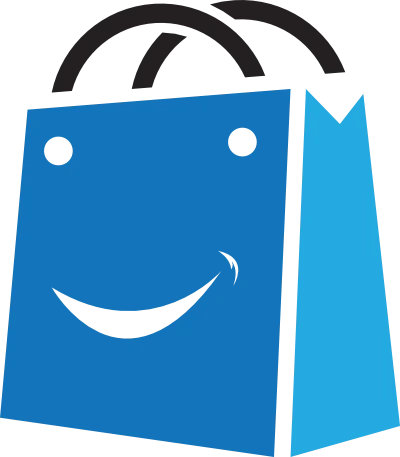 A stylised drawing of a shopping bag with a smiling face on one side