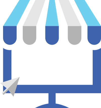 A stylised image of a monitor screen merging into a shop awning with a cursor pointer at bottom left