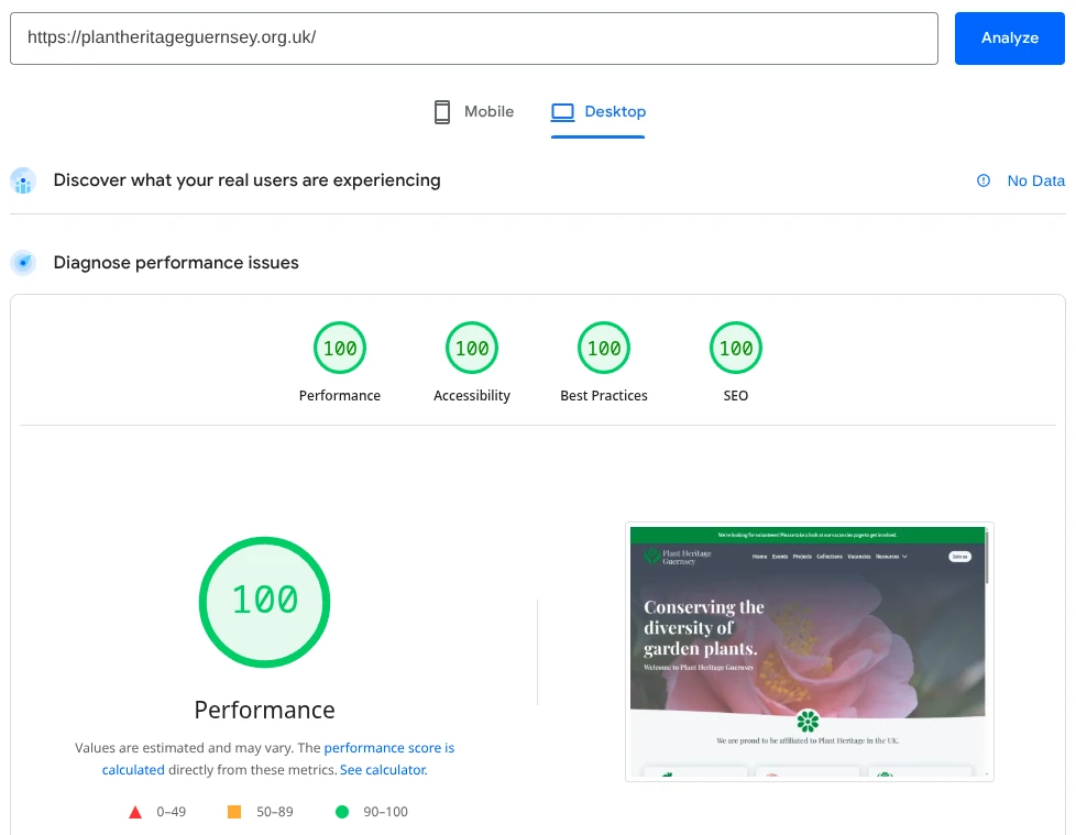 A screenshot of Google PageSpeed scores for the Plant Heritage Website